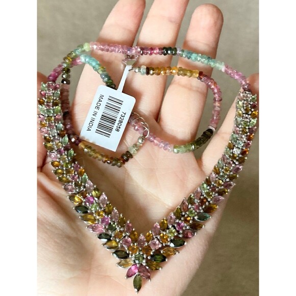 925 sterling silver natural tourmaline v shape Necklace
